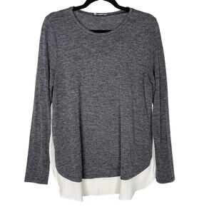 LOFT Medium Mixed Media Long Sleeve Top Heather Gray Cream Crew Neck Side Split